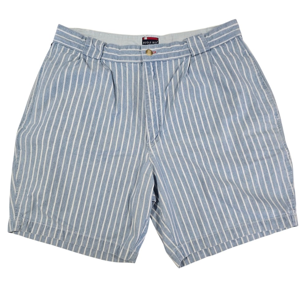 VTG Bugle Boy Shorts Mens 33 Pleated Blue White Stripe Cotton Coastal Preppy 90s